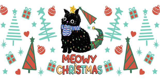 124-Meowy Christmas Cat Black Christmas Tree-animal Christmas-Cartoon Christmas-Christmas Tree-Snowman Christmas 16oz UV DTF Libby Cup Wrap