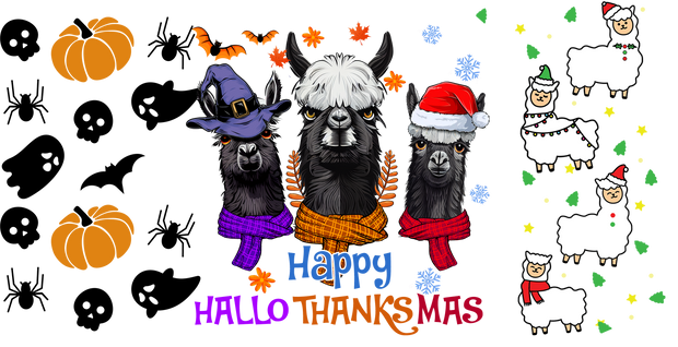 125-Llama Happy Hallothanksmas-Halloween-Christmas-Fall Thanksgiving 16oz UV DTF Libby Cup Wrap