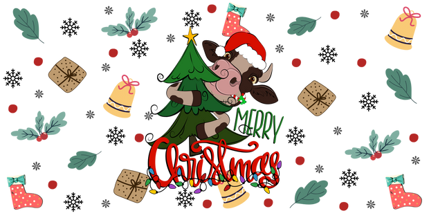 Merry Christmas Cow Tree-Cow Christmas Light 16oz UV DTF Libby Cup Wrap