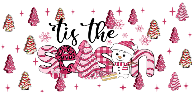 Tis The Season Tree Cake Pink Christmas-Snow Cute Snowman Christmas-Christmas Retro 16oz UV DTF Libby Cup Wrap