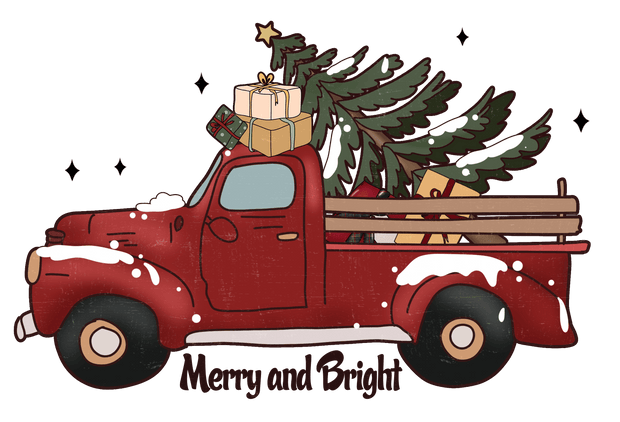 Merry And Bright Red Truck with Christmas Tree Direct to Film DTF Transfer - Twisted Image Transfers