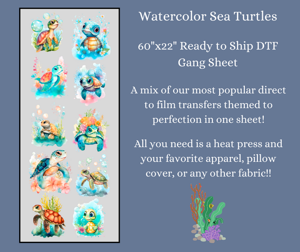 Watercolor Sea Turtles 60x22" DTF Ready to Ship Gang Sheet