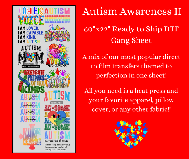 Autism Awareness 2 60x22" DTF Ready to Ship Gang Sheet