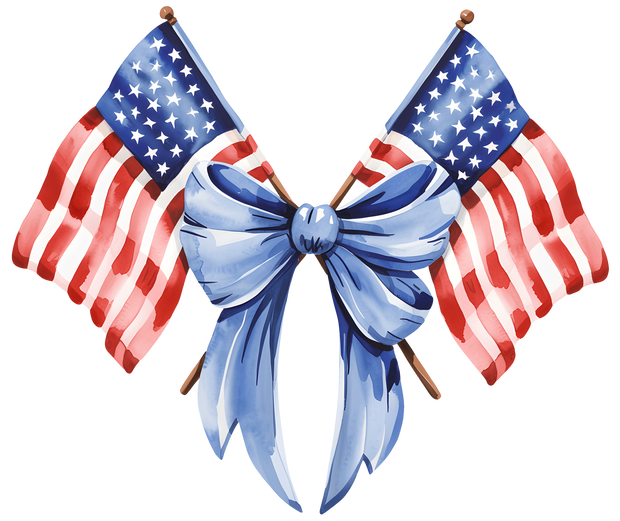 4th of July Flags Waving with Blue Bow DTF (direct-to-film) Transfer