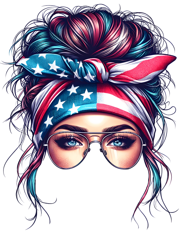 4th of July Girl with Messy Bun DTF (direct-to-film) Transfer