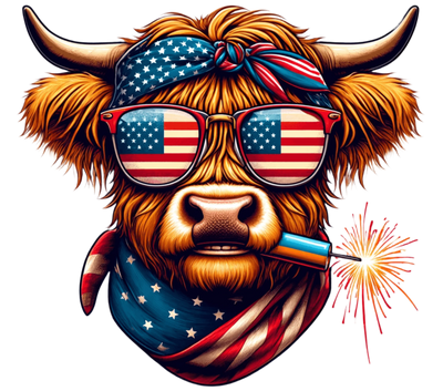 4th of July Highland Cow & Firework DTF (direct-to-film) Transfer