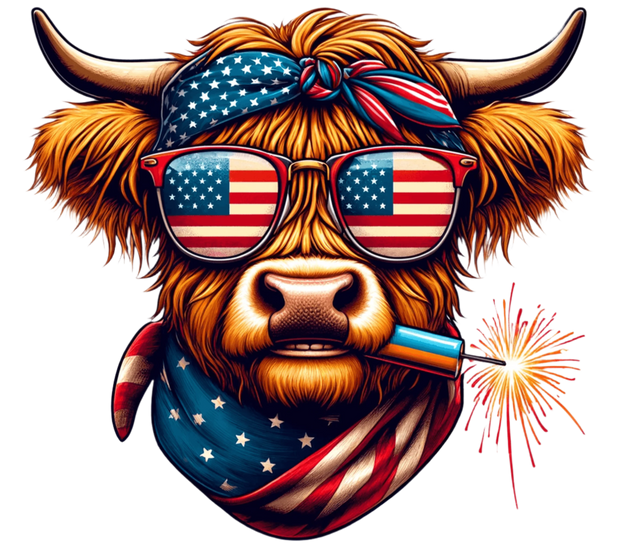 4th of July Highland Cow & Firework DTF (direct-to-film) Transfer