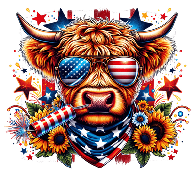 4th of July Highland Cow with Sunflowers DTF (direct-to-film) Transfer