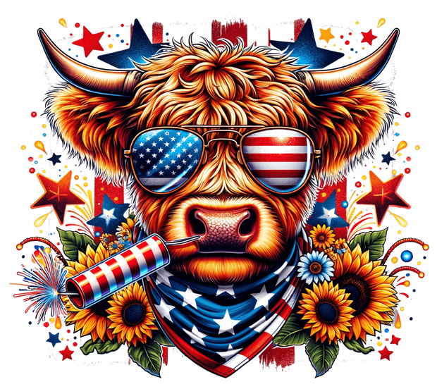 4th of July Highland Cow with Sunflowers DTF (direct-to-film) Transfer