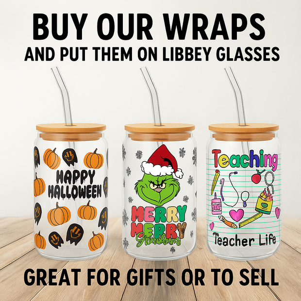Ghosts with Pink and Purple Pumpkins 16oz UV DTF Libbey Glass Wrap