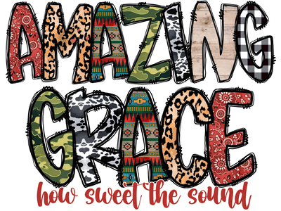 Amazing Grace Multi Patterned Letters DTF (direct-to-film) Transfer