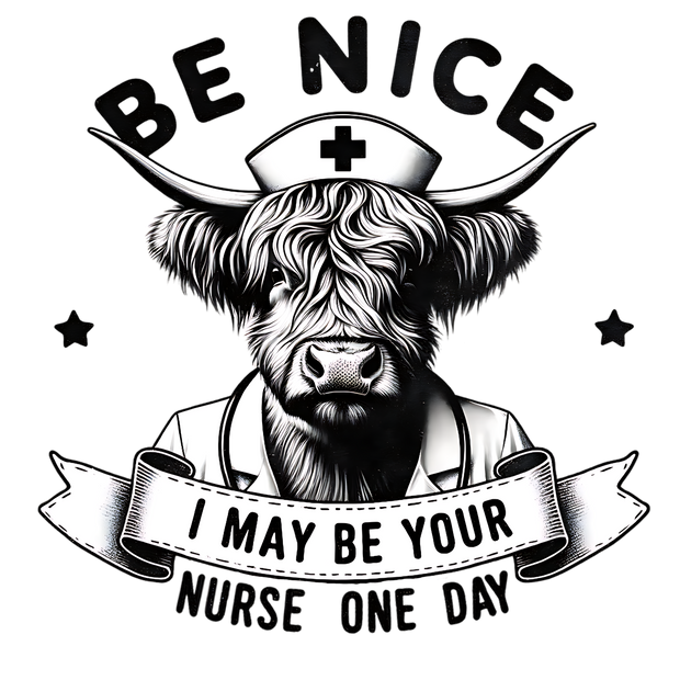 BE NICE I MAY BE YOUR NURSE ONE DAY HIGHLAND COW DTF (direct-to-film) Transfer