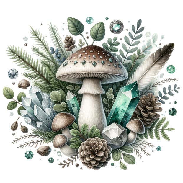 BROWN MUSHROOM CLIPART WITH EMERALD DTF (direct-to-film) Transfer