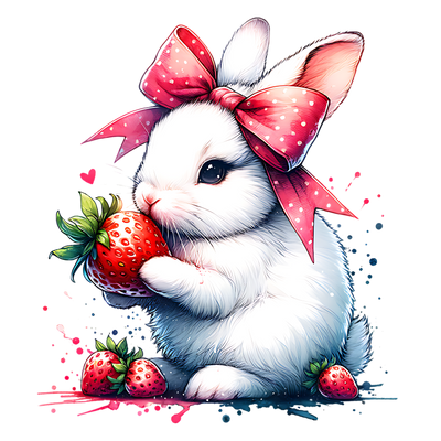 BUNNY WITH PINK BOW AND STRAWBERRIES CLIPART DTF (direct-to-film) Transfer