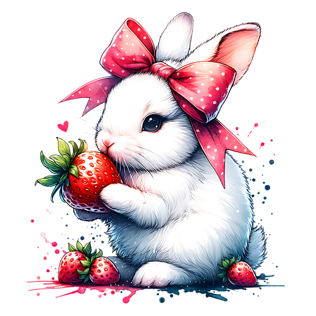 BUNNY WITH PINK BOW AND STRAWBERRIES CLIPART DTF (direct-to-film) Transfer
