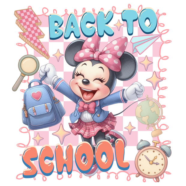 Back to School Happy Minnie in Pink Skirt DTF (direct-to-film) Transfer