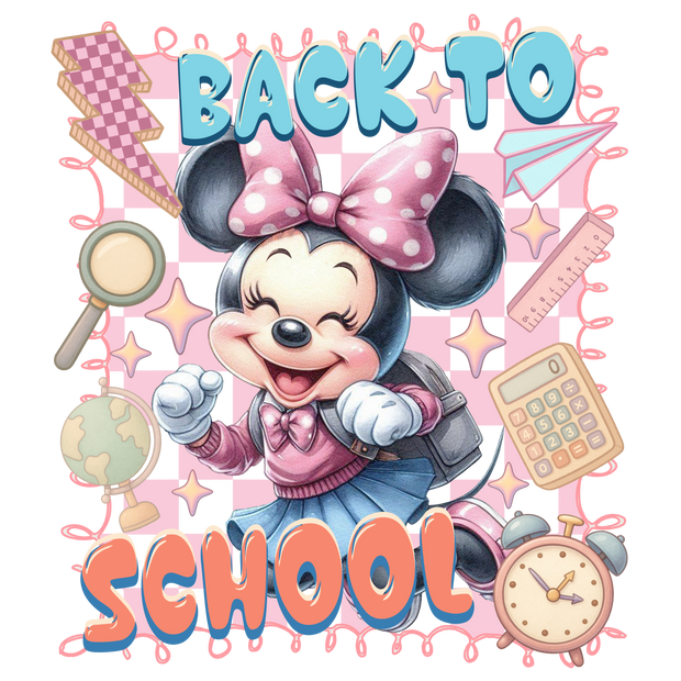 Back to School Minnie in Pink Bow DTF (direct-to-film) Transfer