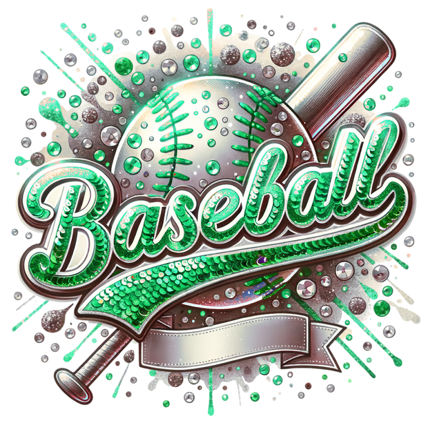 Baseball Bat with Green Sequins DTF (direct-to-film) Transfer