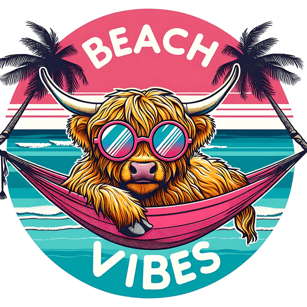 Beach Vibes Highland Cow in Hammock DTF (direct-to-film) Transfer