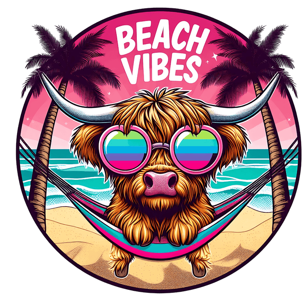 Beach Vibes Highland Cow in Shades DTF (direct-to-film) Transfer