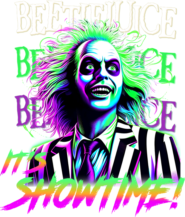 Beetlejuice Showtime in Rainbow Font DTF (direct-to-film) Transfer