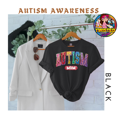 Autism Mom T-Shirt with Faux Glitter DTF (direct to film) Transfer