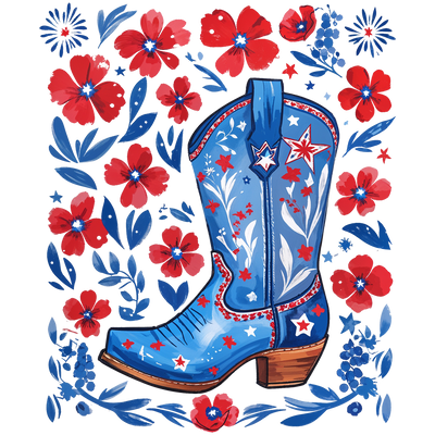 Blue Boots Red Flowers DTF (direct-to-film) Transfer