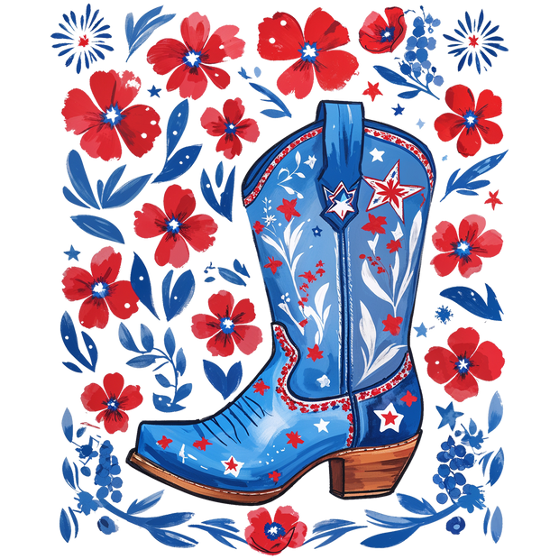 Blue Boots Red Flowers DTF (direct-to-film) Transfer