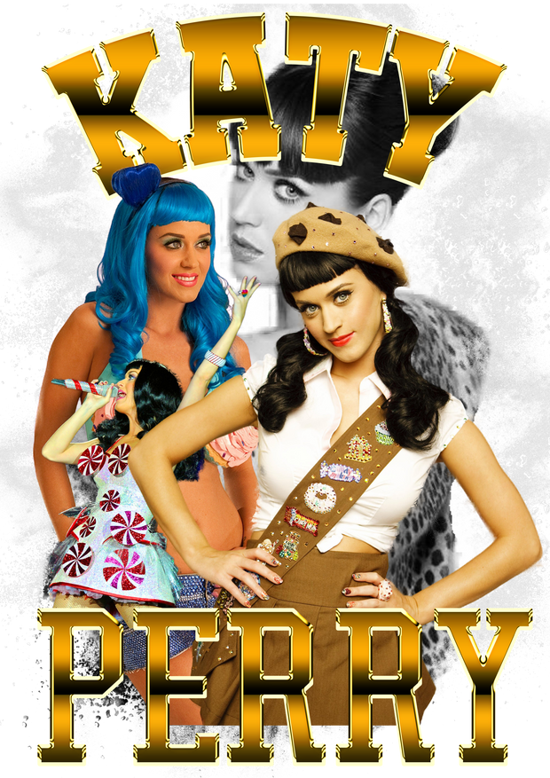Blue Hair Gold Font Katy Perry DTF (direct-to-film) Transfer