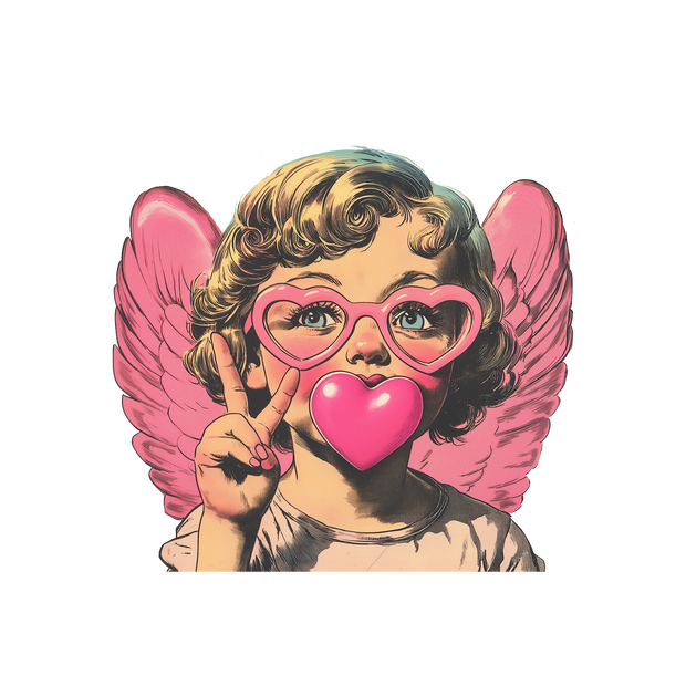 Bubblegum Cherub With Heart Glasses And Pink Wings DTF (direct-to-film) Transfer