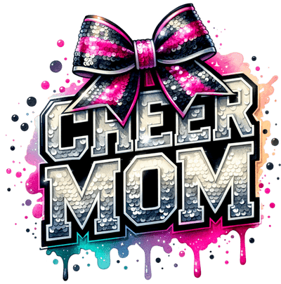 Cheer Mom Silver Faux Glitter Pink & Black Bow DTF (direct-to-film) Transfer