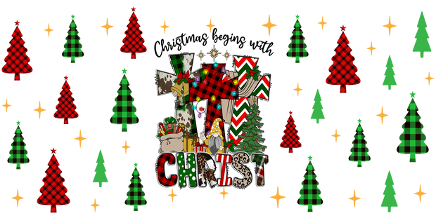 Christmas Begins With Christ- Jesus Christmas-Buffalo Plaid Leopard Christmas 16oz UV DTF Libby Cup Wrap