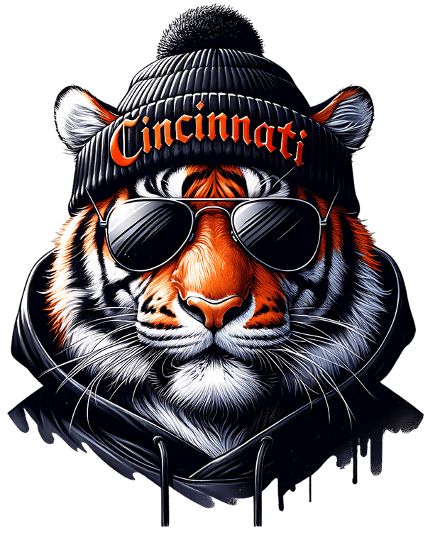 Cincinnati Tiger in Black Hoodie DTF (direct-to-film) Transfer