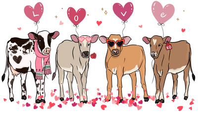 Cow Foursome With Love Hearts  DTF (direct-to-film) Transfer