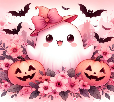 Cute Ghost With Pumpkin Orange And Pink Halloween DTF (direct-to-film) Transfer