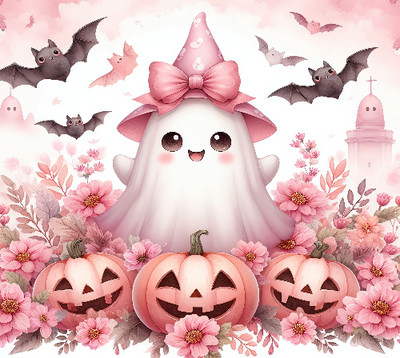 Cute Ghost With Pumpkins Pink Halloween DTF (direct-to-film) Transfer