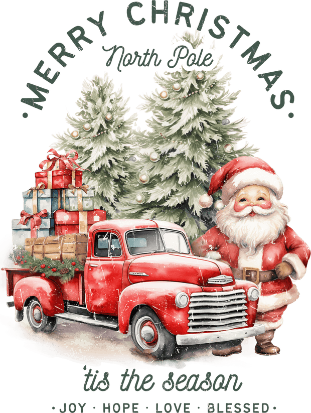 Distressed Santa and Farm Truck North Pole DTF (direct-to-film) Transfer