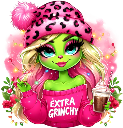 Extra Grinchy Girl With Coffee DTF (direct-to-film) Transfer