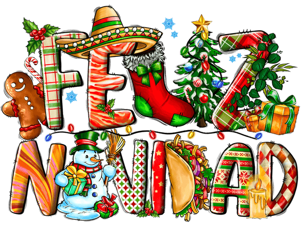 Feliz Navidad With Sumbrero and Snowman DTF (direct-to-film) Transfer