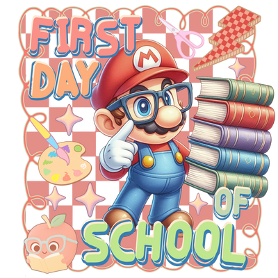 First Day of School Mario Holding Books DTF (direct-to-film) Transfer