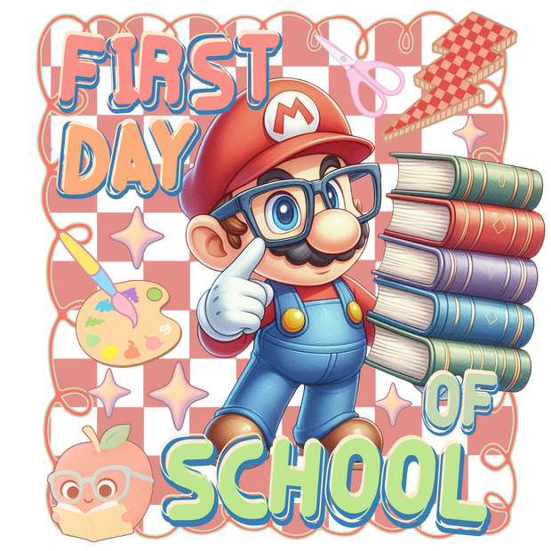 First Day of School Mario Holding Books DTF (direct-to-film) Transfer