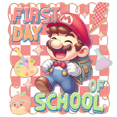 First Day of School Mario with Eyes Closed DTF (direct-to-film) Transfer