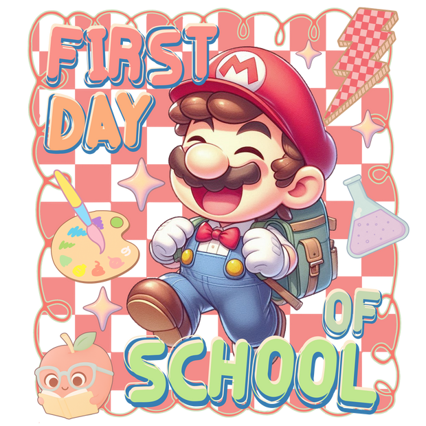 First Day of School Mario with Eyes Closed DTF (direct-to-film) Transfer