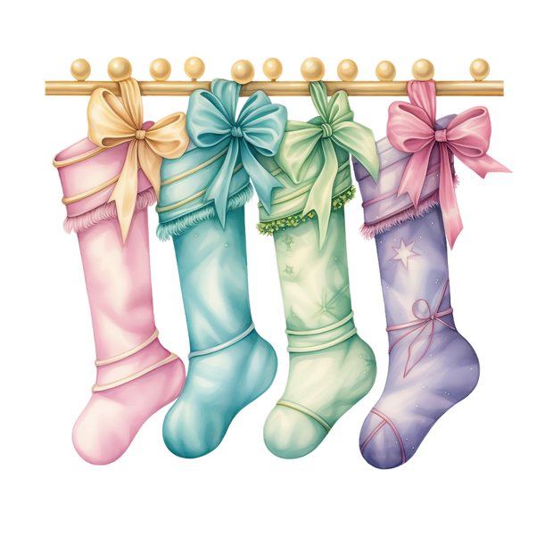 Four Hanging Pastel Stockings and Bows DTF (direct-to-film) Transfer