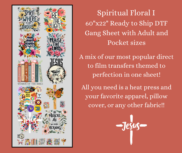 Spiritual Floral with Pocket Sizes 1 60x22" DTF Ready to Ship Gang Sheet