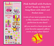 Pink Softball with Pocket Sizes 1 60x22" DTF Ready to Ship Gang Sheet