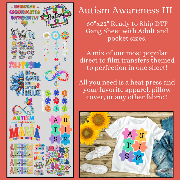 Autism Awareness III with Adult and Pocket Sizes 60" DTF Ready to Ship Gang Sheet