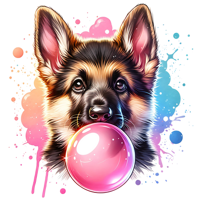 GERMAN SHEPHERD BLOWING A BUBBLE DTF (direct-to-film) Transfer