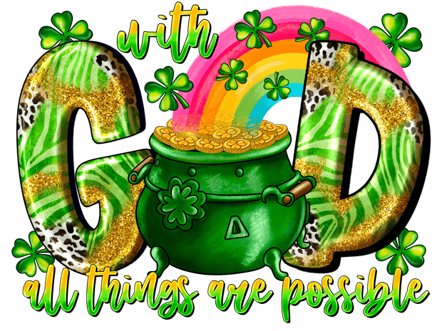 GOD in Green with Gold DTF (direct-to-film) Transfer