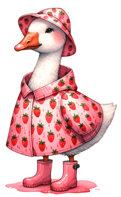 GOOSE IN STRAWBERRY RAINCOAT BOOTS AND HAT CLIPART DTF (direct-to-film) Transfer